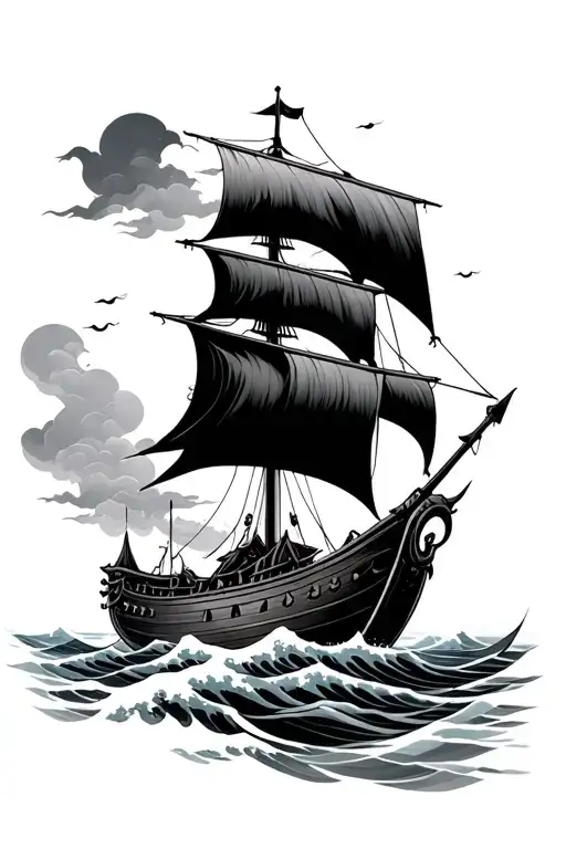 japanese waves viking ship tattoo design idea