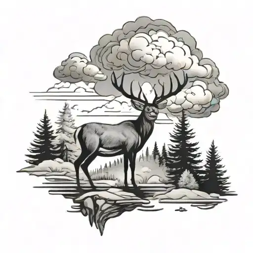forest lake clouds surrounding deer tattoo design idea