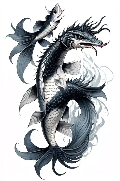 2 black and gray koi fish from wrist to forarm  connecting to a black and gray dragon from forarm to shoulder. Smokey ba tattoo design idea