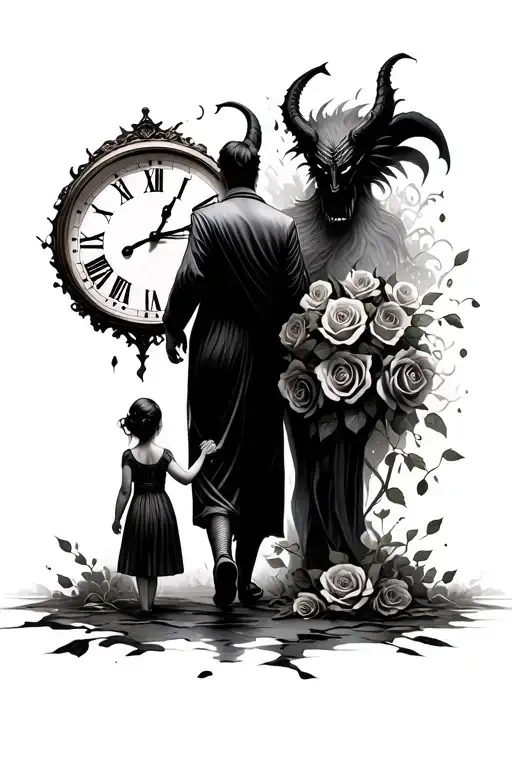 half father half devil holding daughters hand coming walking to a distance with a clock around it melted with roses tattoo design idea