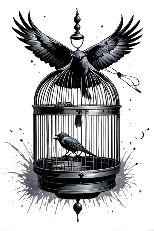 open bird cage with a crow flying away tattoo design idea