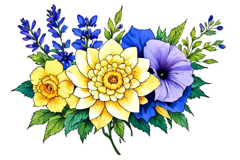 Chrysanthemum, daffodil, delphinium, morning glory, and rose with greenery in the background tattoo design idea