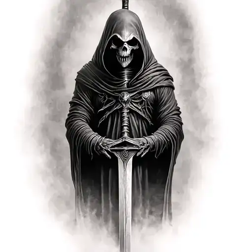 reaper full body, hooded, dark sword  tattoo design idea
