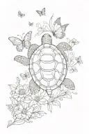 turtle swimming, flowers surrounding, butterflies flying tattoo design idea