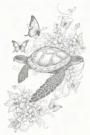 turtle swimming, flowers surrounding, butterflies flying tattoo design idea