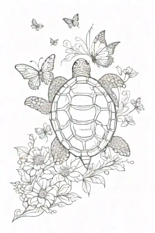 turtle swimming, flowers surrounding, butterflies flying tattoo design idea