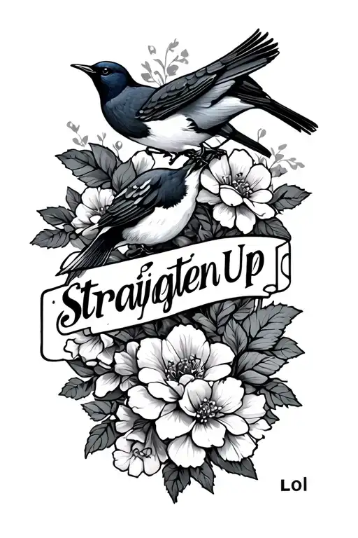 spine tatto that says straighten up lol shoulder with mocking birds and flowers tattoo design idea