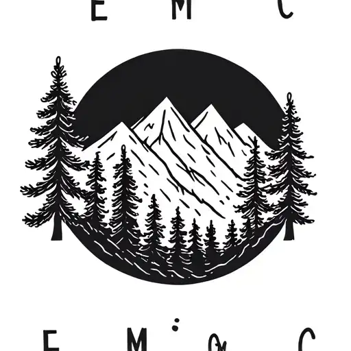 3 mountains, 3 fir tree silhouettes, letters E, M and C. All in a circle. Very minimalist tattoo design idea