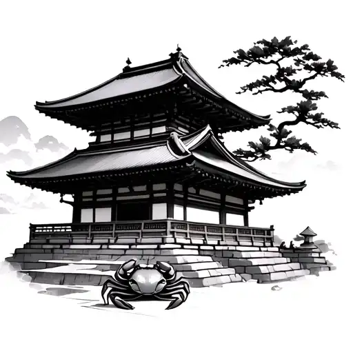 japanese temple with a crab at the bottom tattoo design idea
