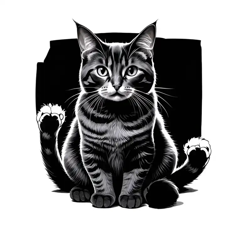cat sitting down and two paws on lower back of it tattoo design idea