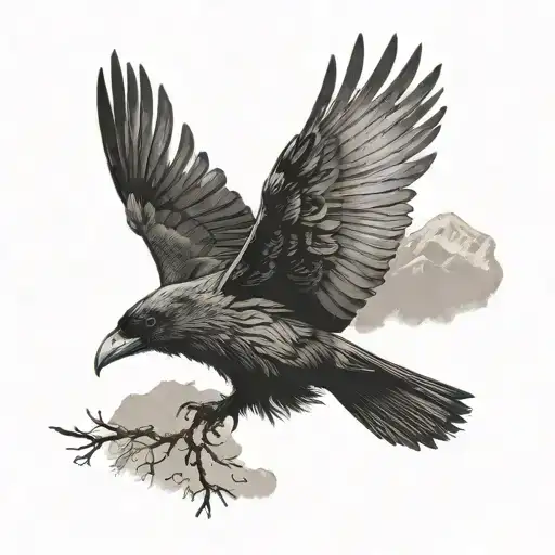mountain tree raven flying tattoo design idea