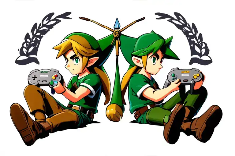 young link and dark young link sitting back to back young link is holding a SNES controller and youing dark link has N64 tattoo design idea