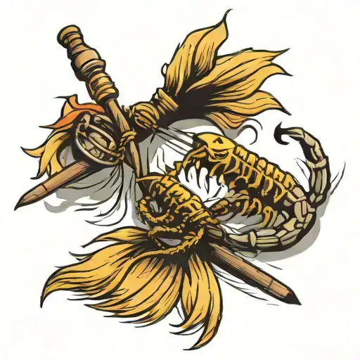 Two crossed brooms and scorpion crawling tattoo design idea