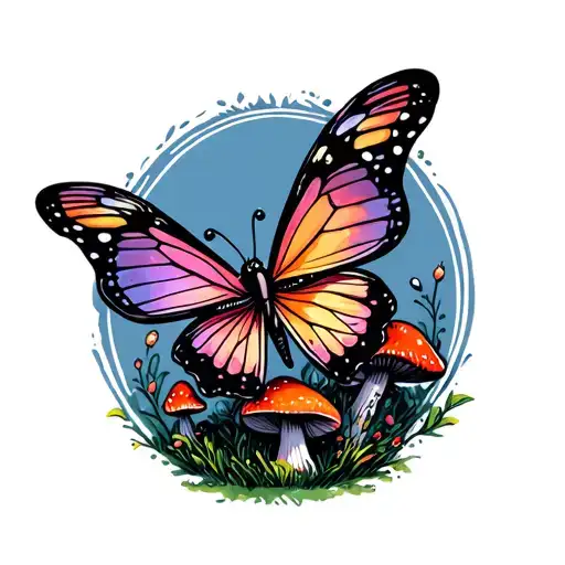 butterfly on mushroom in the style of Alice in wonderland tattoo design idea