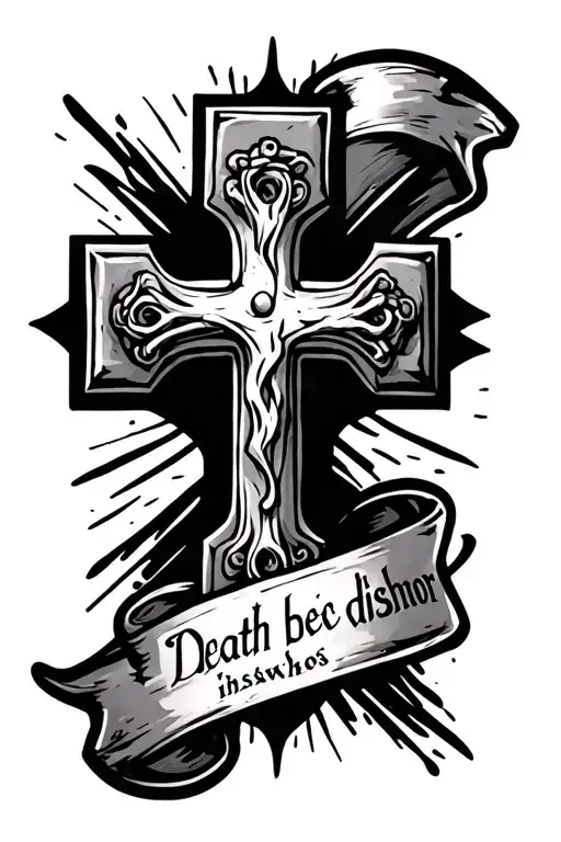  forearm tattoo that is a simple Christian block cross that has a banner wrapping around it saying death before dishonor tattoo design idea