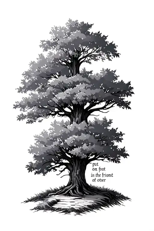 path with trees, with words "put one foot in front of the other" tattoo design idea