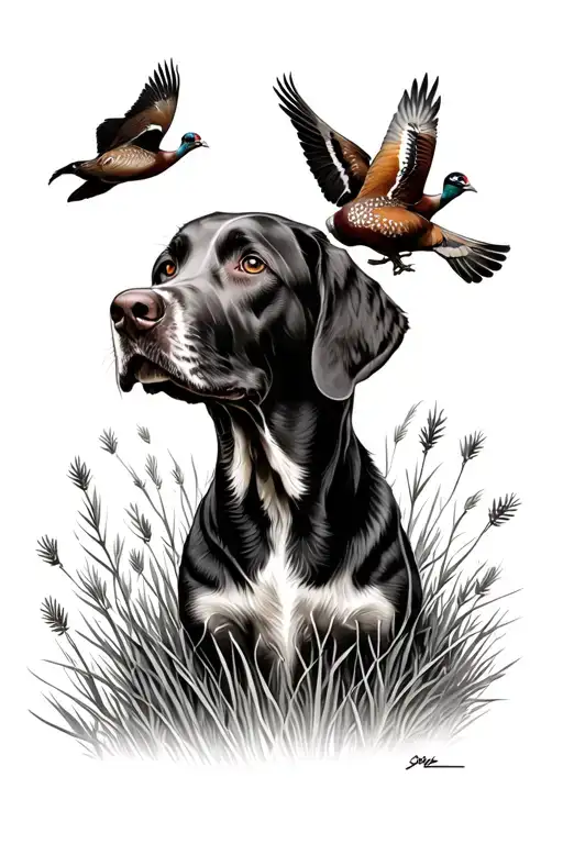 German Shorthair Pointer with head protruding out of sagebrush with pheasants flying out tattoo design idea