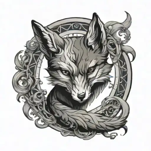 Ouroboros fox tarot devil in red and blue tones tattoo design idea