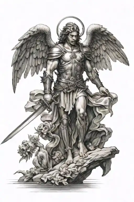 St. Michael the archangel looking down at satan under his foot as he is preparing to stab him with his sword  tattoo design idea