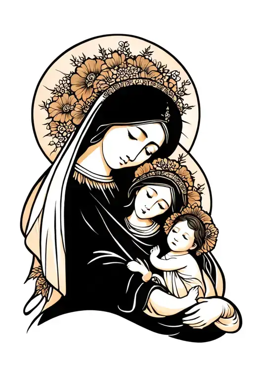 Mary and baby jesus japanese painting style tattoo tattoo design idea