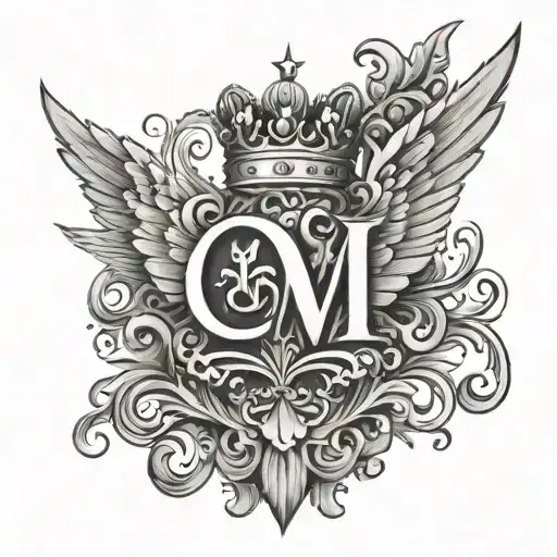 letter m with a crown and wings and angles wings spread tattoo design idea