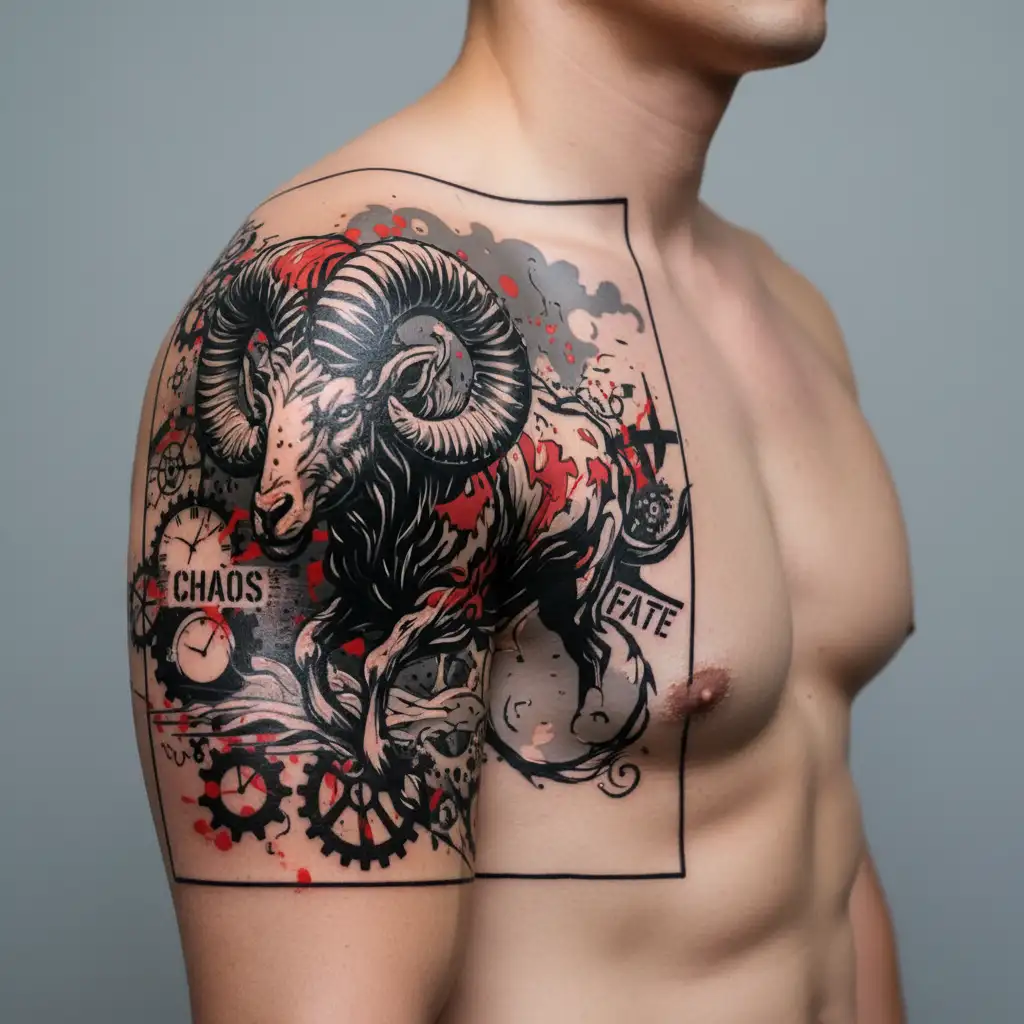 Trash Polka "Furious Ram Emerging From The Sea Of Fire. Planet Mars In The Background." Tattoo Design Idea tattoo design idea