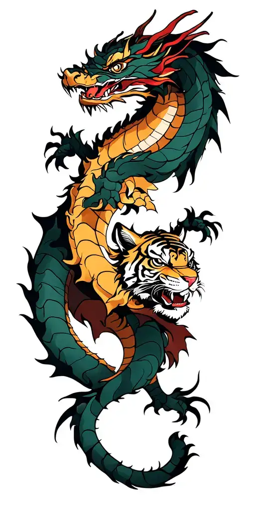 dragon with a samurai and tiger tattoo design idea