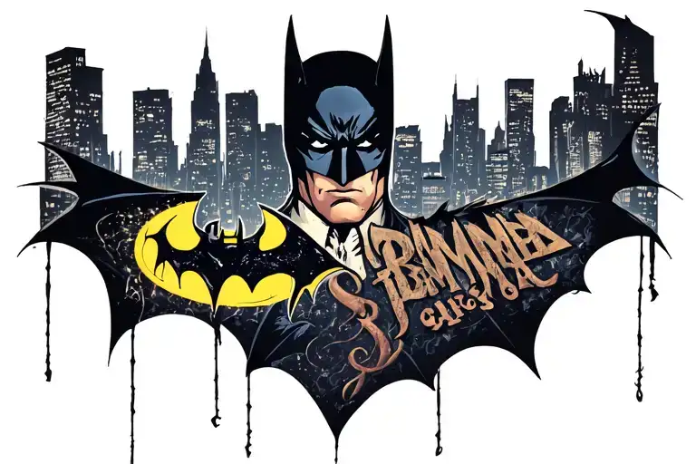gotham city skyline with bats and bat signal tattoo design idea