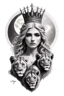 black & grey realism- greek goddess with light color hair, wearing crown, 2 lion cubs and moon tattoo design idea