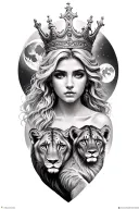 black & grey realism- greek goddess with light color hair, wearing crown, 2 lion cubs and moon tattoo design idea