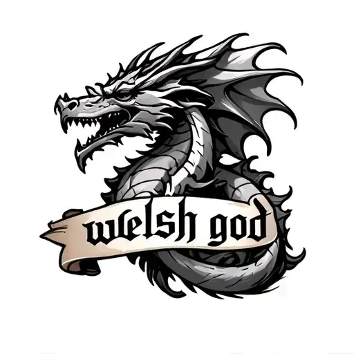 a tatoo that says "welsh god" written along that has a wealsh dragon on it tattoo design idea