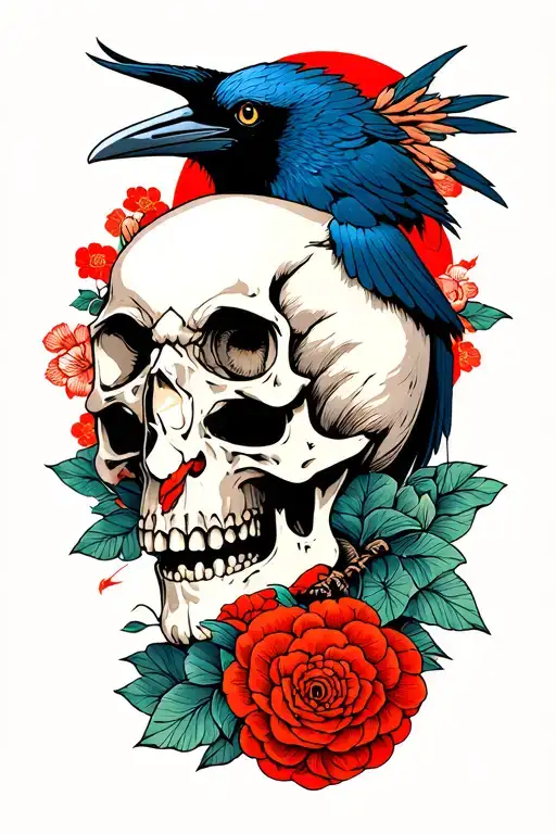 Japanese crow and skull on forearm with skull spiral Japanese  tattoo design idea