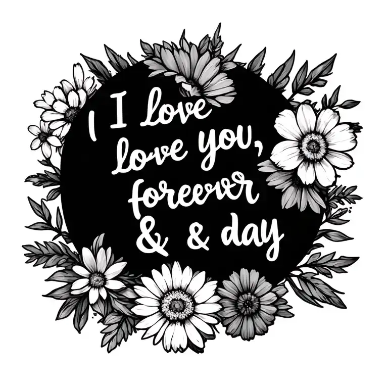 "I love you, forever & a day " fine line, marigold flower, Narcissus flower, honeysuckle flower, aster flower, forget me not flower, violet flower,   tattoo design idea