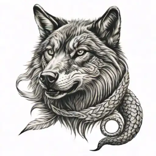 Black wolf head wrapped in snake pencil drawing tattoo design idea