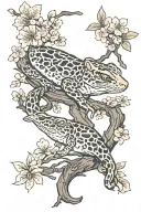 two leopard geckos on a branch with cherry blossoms at each end tattoo design idea