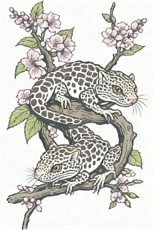 two leopard geckos on a branch with cherry blossoms at each end tattoo design idea