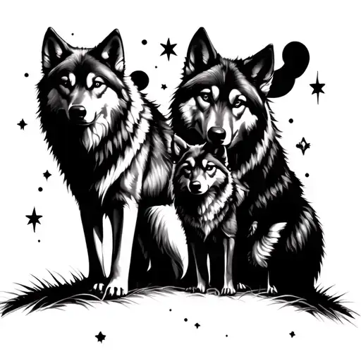 moon stars male wolf female wolf two cubs forest tattoo design idea