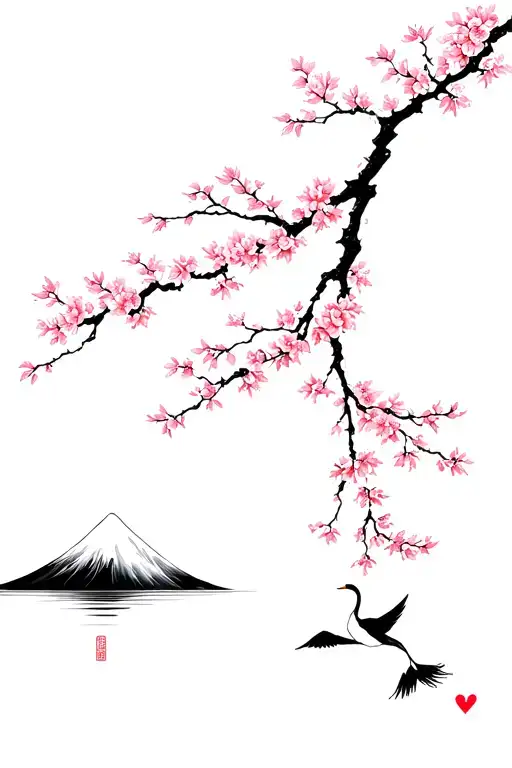 Branch of Sakura and Mont Fuji and Japanese crane in full flight tattoo design idea