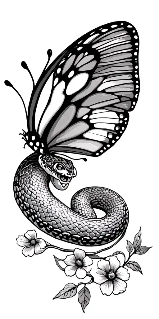 butterfly semicolon snake with flowers surounding  tattoo design idea