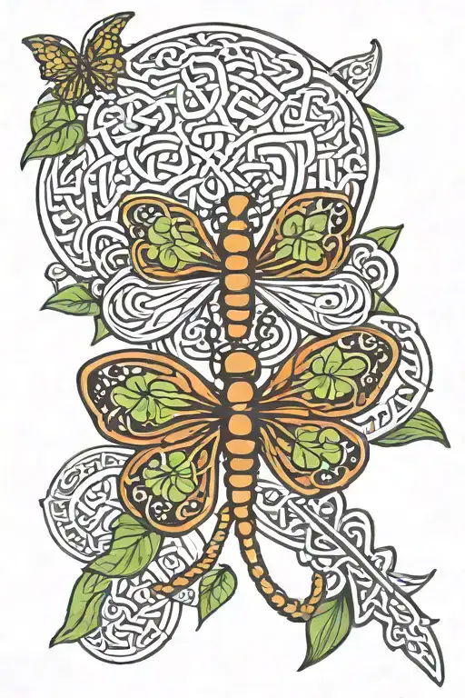 celtic knot 3 leaf clover with dragonfly tattoo design idea