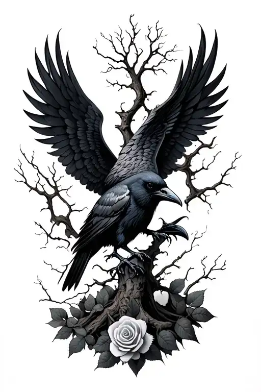 raven with wings spread, rose and wicked tree tattoo design idea