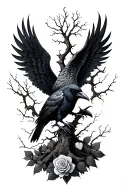 raven with wings spread, rose and wicked tree tattoo design idea