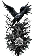 raven with wings spread, rose and wicked tree tattoo design idea