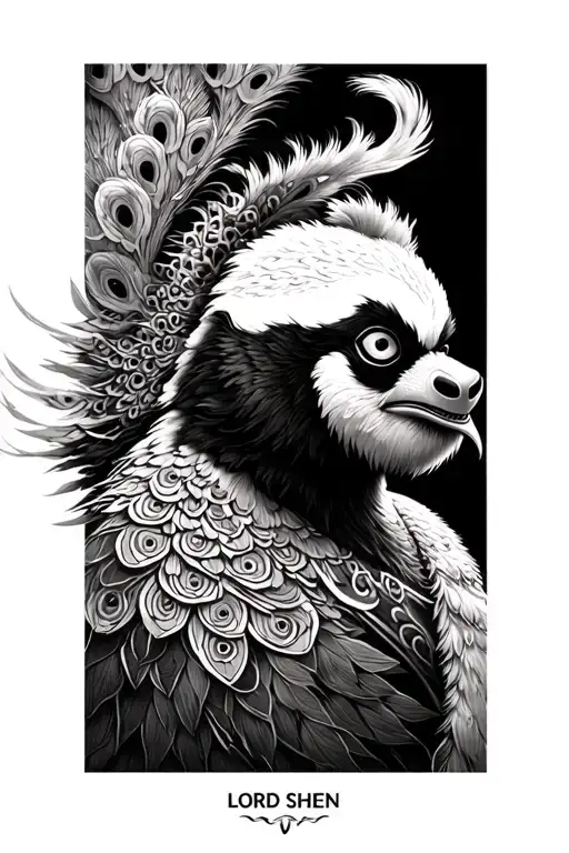 “Forearm tattoo design of a tall white peacock warrior inspired by Lord Shen from Kung Fu Panda. He has long curved neck tattoo design idea
