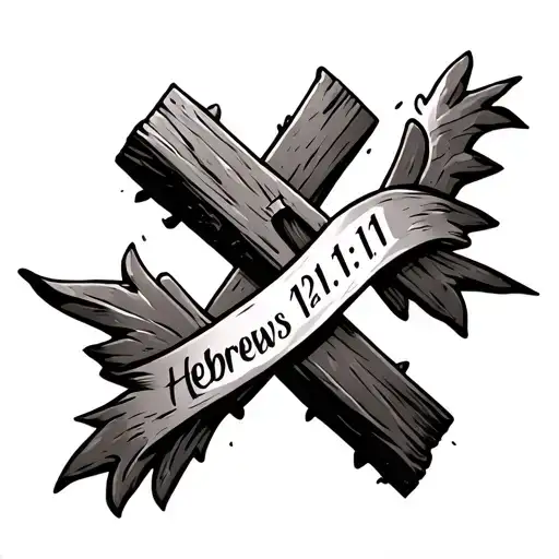 a cross made from railroad spike with a banner wrapped around it blowing through the air embossed with " Hebrews 12:11" tattoo design idea