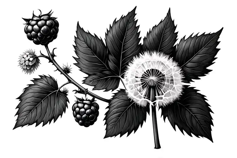 wild raspberry plant and dandelion on rounded vine  tattoo design idea