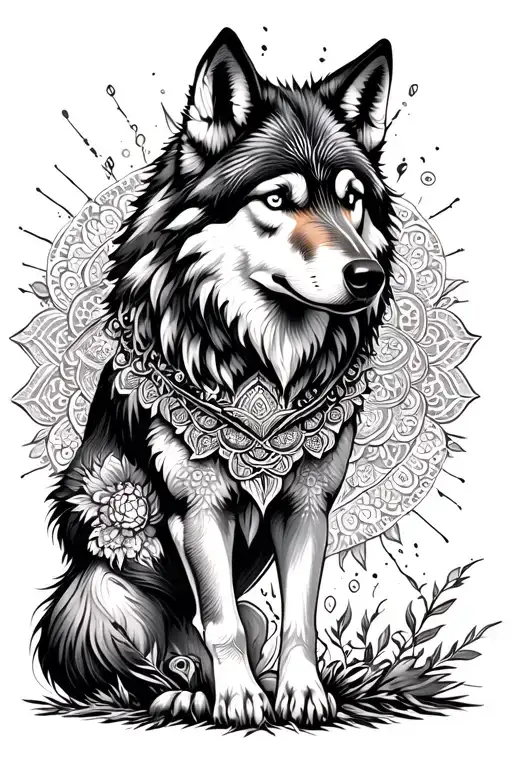 wolf and mandala design incorporating elements tattoo design idea