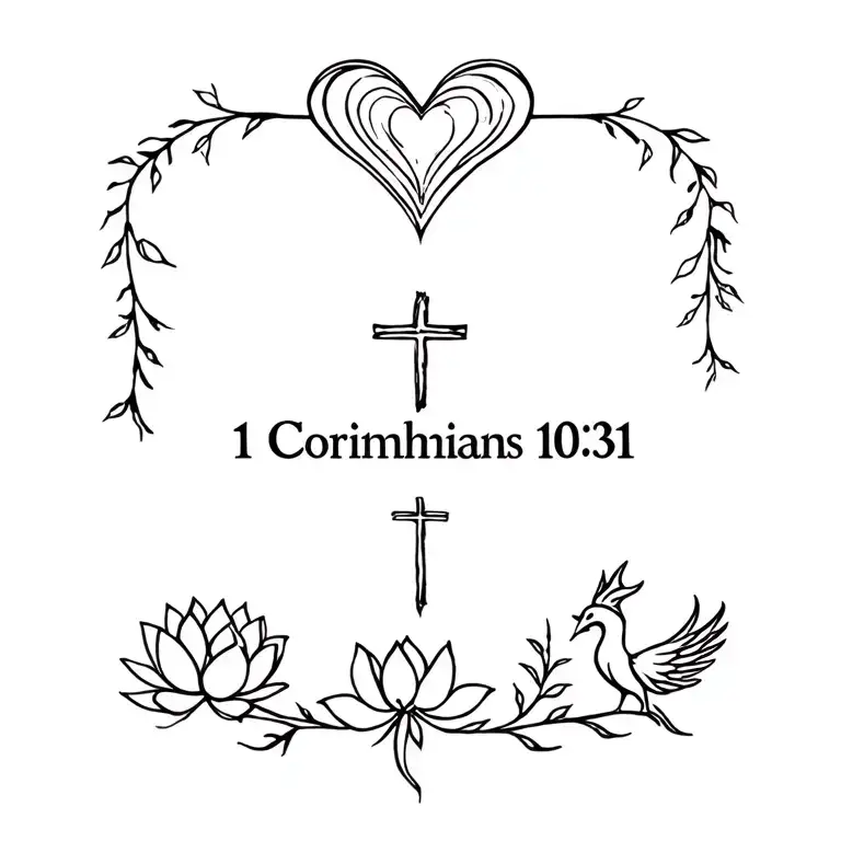 "1 Corinthians 10:31" A heart, a cross, a butterfly, 1 corinthians 10:31, a lotus, a phoenix, and vines. tattoo design idea