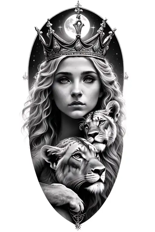 black & grey realism- beautiful greek goddess with light color hair, wearing crown, 2 lion cubs and moon tattoo design idea