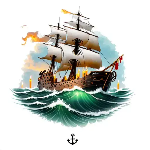 Tattoo of a pirate ship with sea full of waves and candles in the wind three children rising over the anchor stream tattoo design idea